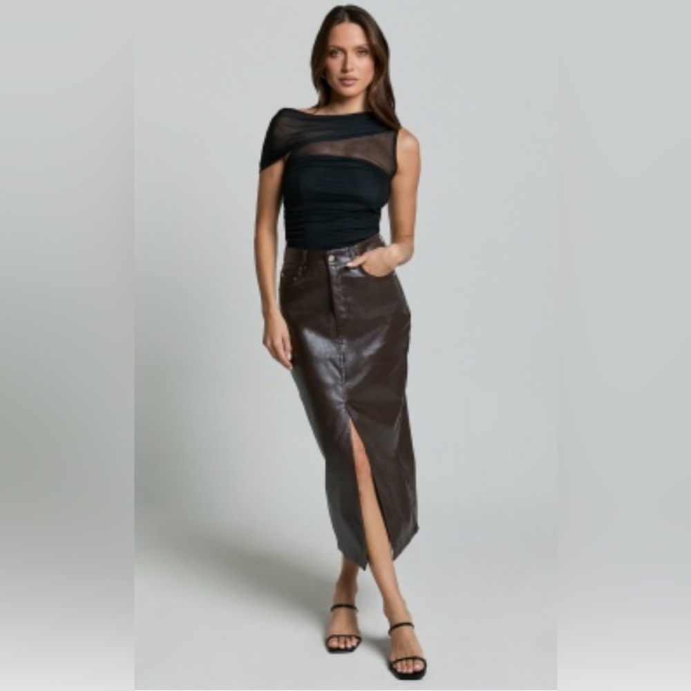 Chocolate Brown Faux Leather Slit Skirt
